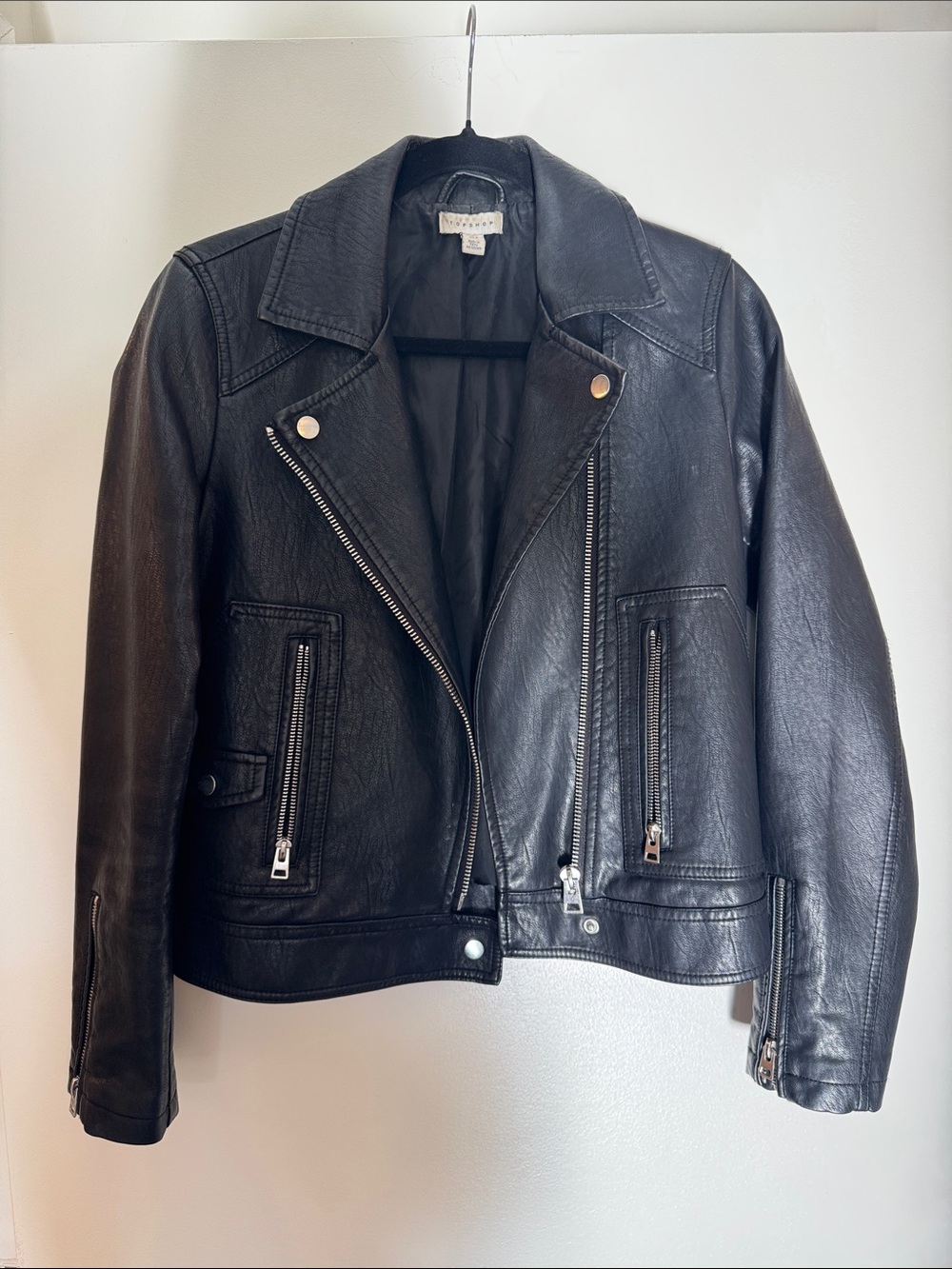 Topshop Black Leather Moto Jacket with Zipper Details